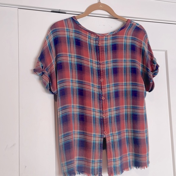 Anthropologie Cloth & Stone “Mallory” Button Back Flannel Plaid Short Sleeve Top - Picture 7 of 11